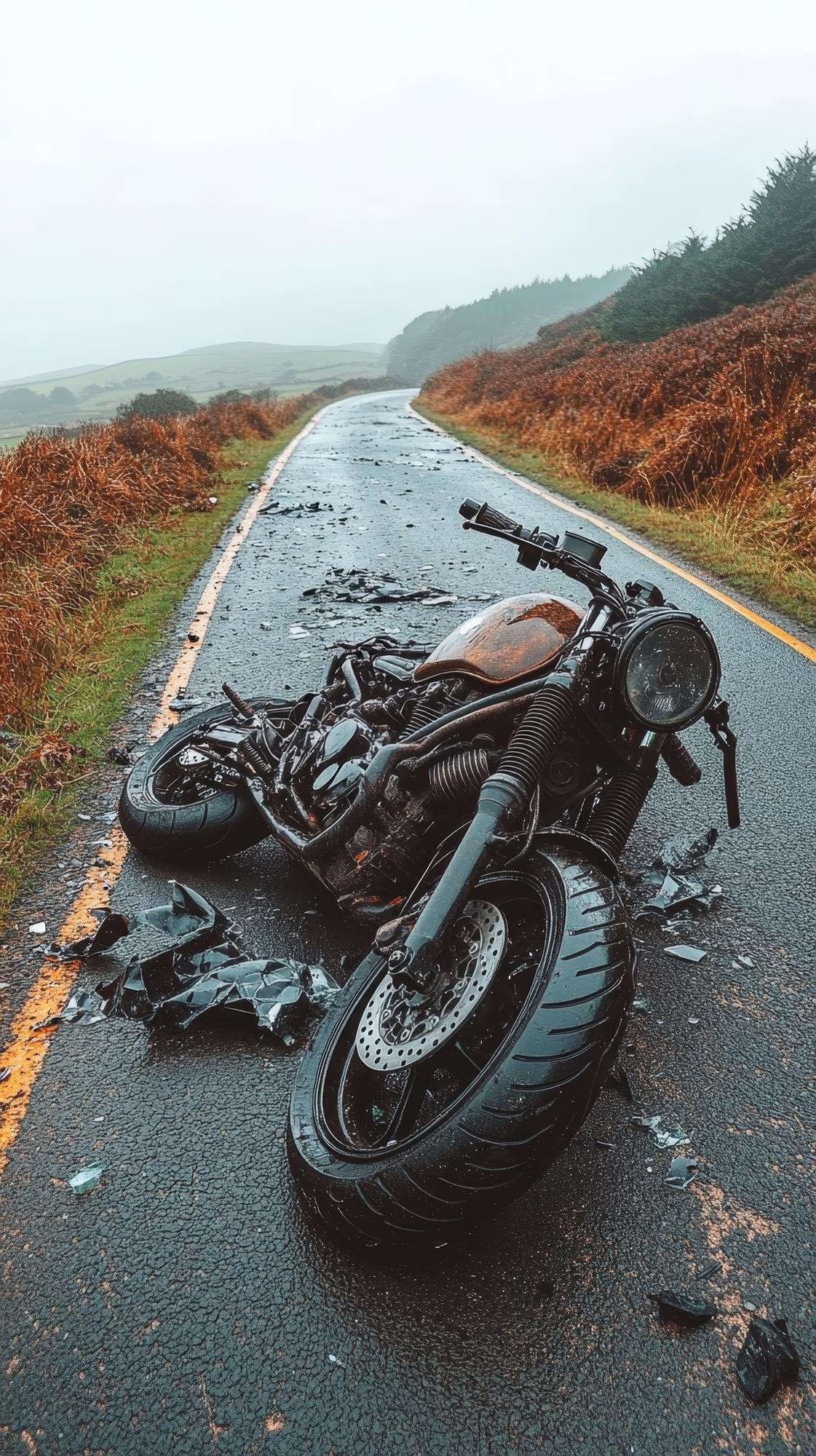 Damaged motorcycle down on a road — Roseville motorcycle accident lawyers