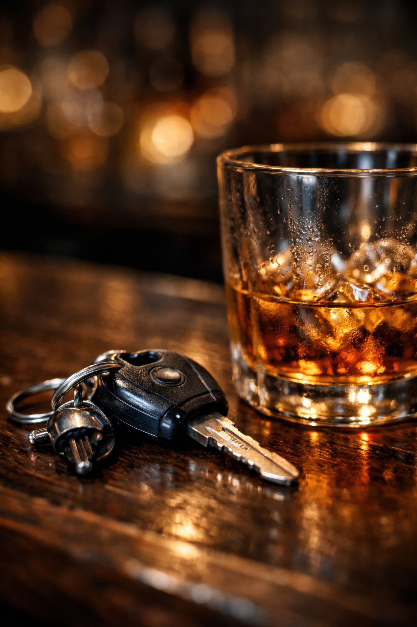 Car keys beside a glass of whiskey representing a drunk driving accident in Sacramento, California
